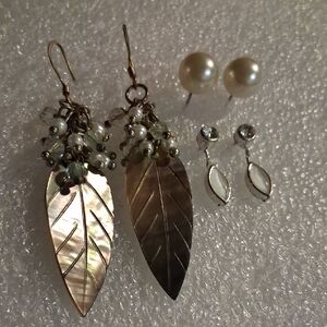 Elegant mother of Pearl Abalone Gold Leaf Dangle Earrings with Pearl Accents